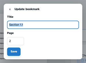 The Update bookmark dialog: the Title box holding “Section 1.1”, the Page box holding 2, and the Save button