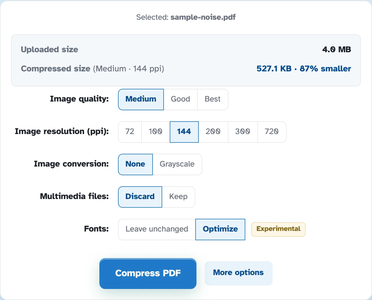 The Compress PDF panel for sample-noise.pdf: Uploaded size 4.0 MB, Compressed size 527.1 KB · 87% smaller, Image quality