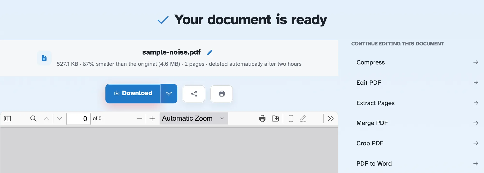 The ready page after compressing sample-noise.pdf: 527.1 KB · 87% smaller than the original (4.0 MB) · 2 pages · deleted