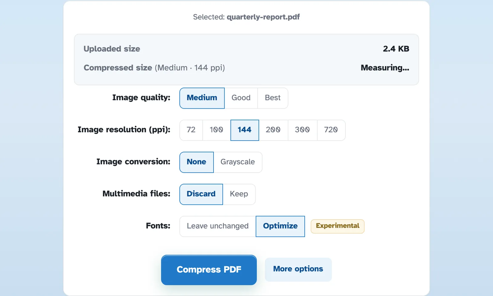 The Compress options panel for quarterly-report.pdf: uploaded and compressed size with a Measuring note, Image quality