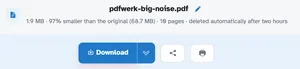 The ready page showing big-noise.pdf — 1.9 MB · 97% smaller than the original (68.7 MB) · 10 pages — above the Download