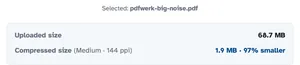 Selected: big-noise.pdf above the size inspector — Uploaded size 68.7 MB, Compressed size (Medium · 144 ppi) 1.9 MB ·