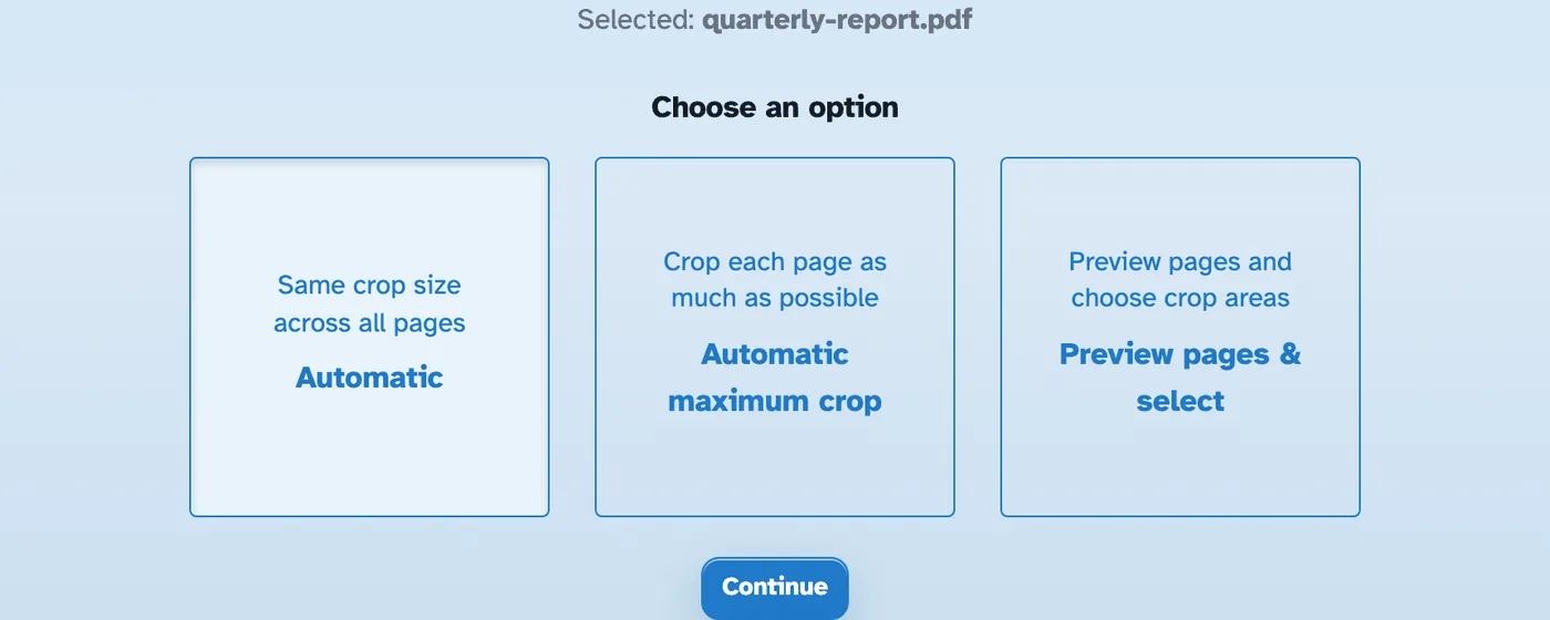 The crop chooser for quarterly-report.pdf: same crop size across all pages, Automatic maximum crop, and Preview pages