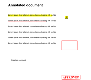 An annotated page in the preview: a yellow highlight, a red strikeout, a note icon, a red square, free text and an APPROVED stamp