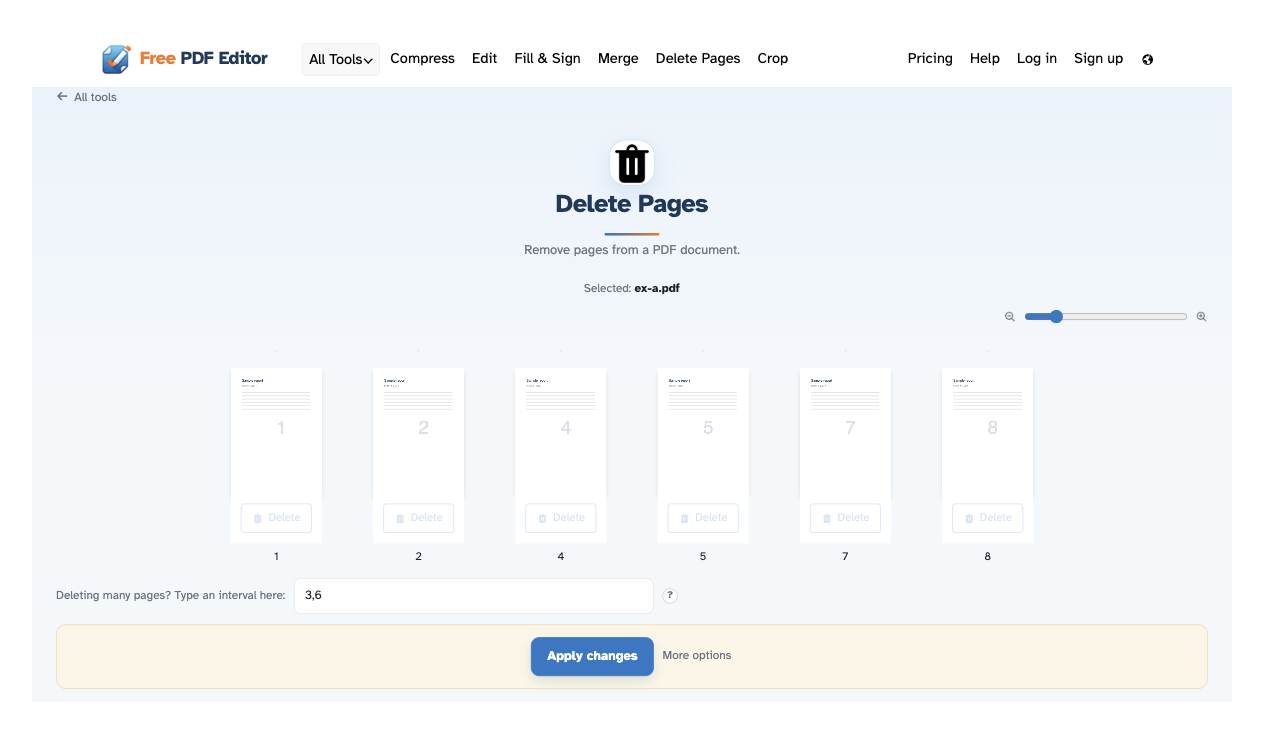 The Delete Pages screen on desktop: the page thumbnails from which pages 3 and 6 have already been removed, each remaining page carrying its own Delete link, and the interval box below holding 3,6