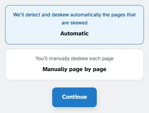 Las dos opciones de enderezamiento: Automático (Detectaremos y enderezaremos automáticamente las páginas que están torcidas) y Manualmente.