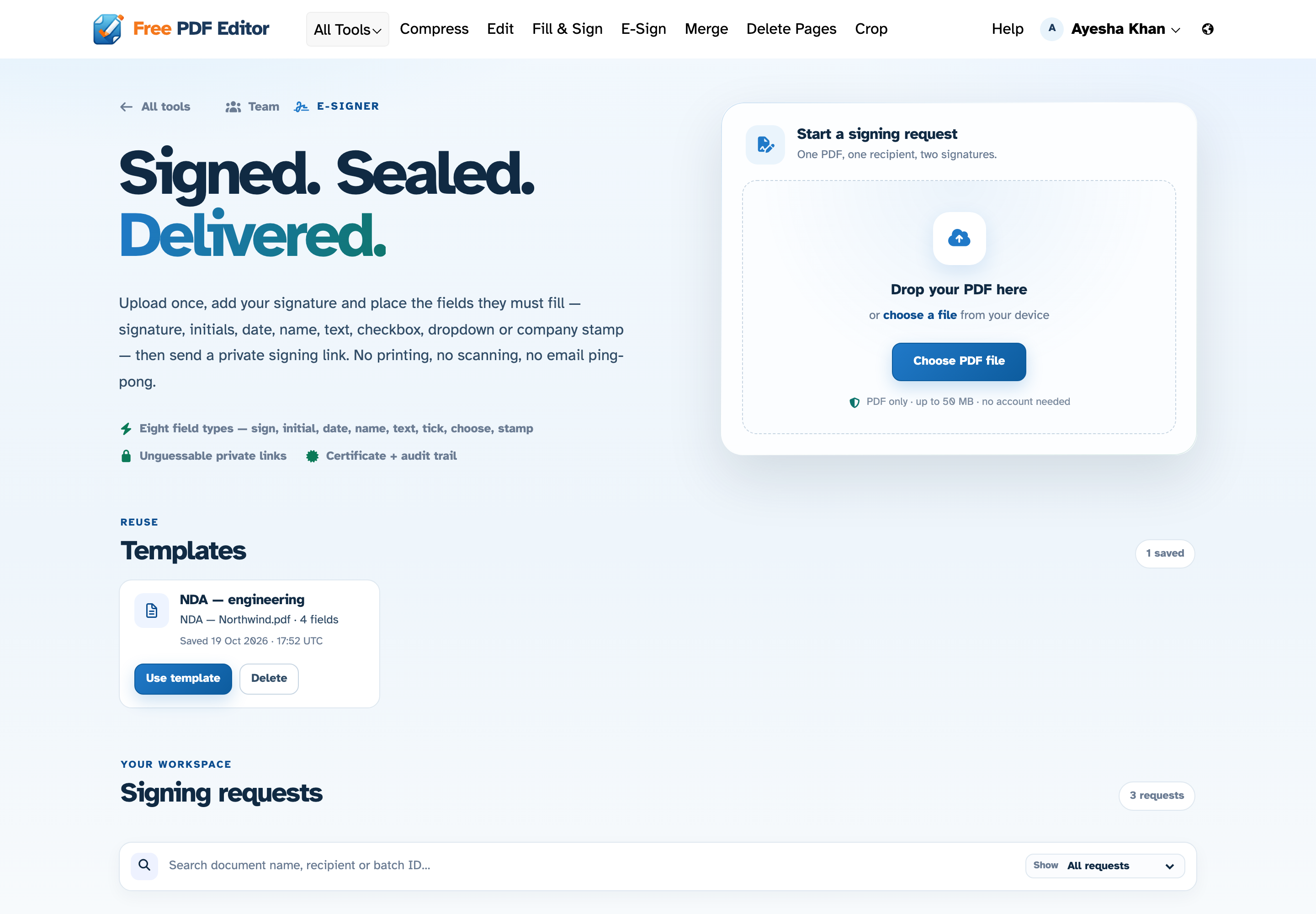 E-Signer signing desk with a start-request upload card, saved template and signing request search