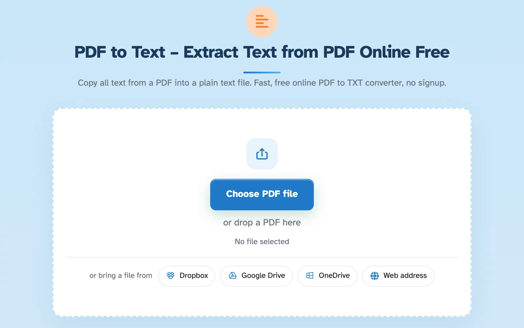 Startscherm tekst extraheren: titel en beschrijving boven een gestippelde dropzone met Kies PDF-bestand en cloudbronnen