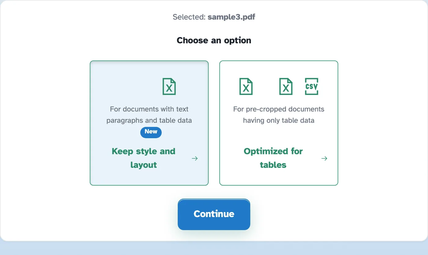 The PDF to Excel chooser for quarterly-report.pdf with two cards, Keep style and layout and Optimized for tables, above