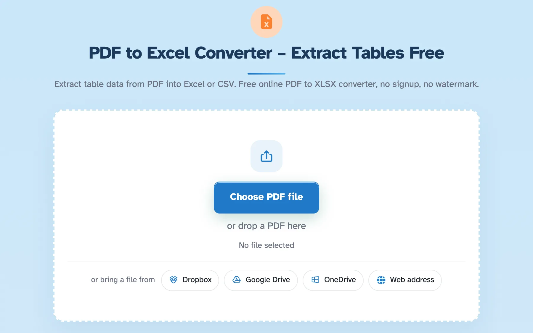 מסך התחלה של PDF ל-Excel: כותרת ותיאור מעל אזור פתיחה מקווקו עם בחר קובץ PDF ומקורות ענן