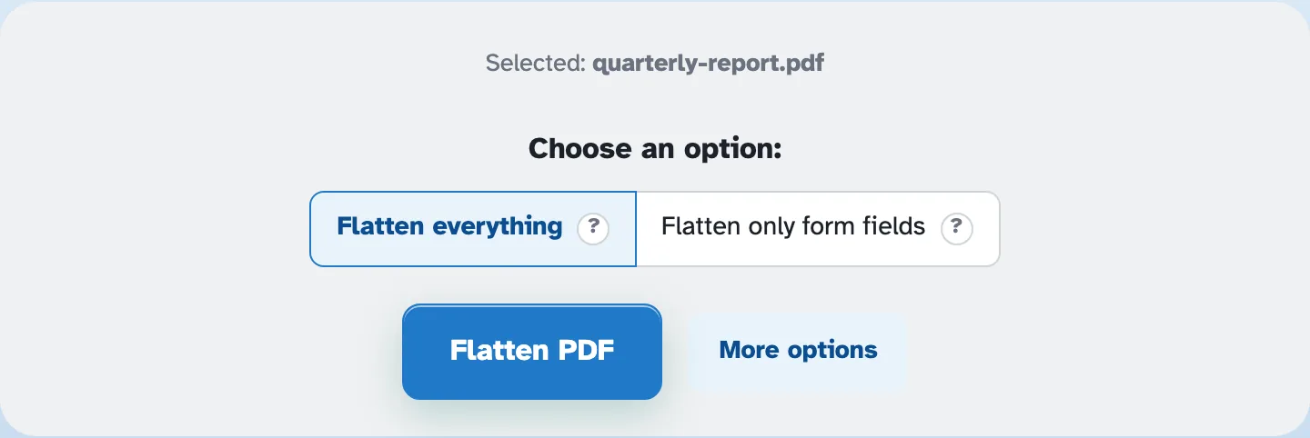The flatten chooser for quarterly-report.pdf: a Flatten everything or Flatten only form fields switch, above the Flatten