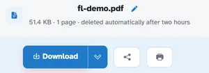 The ready page showing fl-demo.pdf — 51.4 KB · 1 page · deleted automatically after 2 hours — above the Download