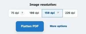 Billedopløsning: 75 dpi, 100 dpi, 150 dpi valgt og 220 dpi, hver med sin spørgsmålsboble