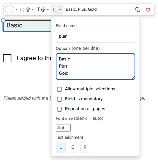The selected dropdown with its toolbar — border, background and text colour, properties, clone, delete — and the Field name, options and mandatory panel open