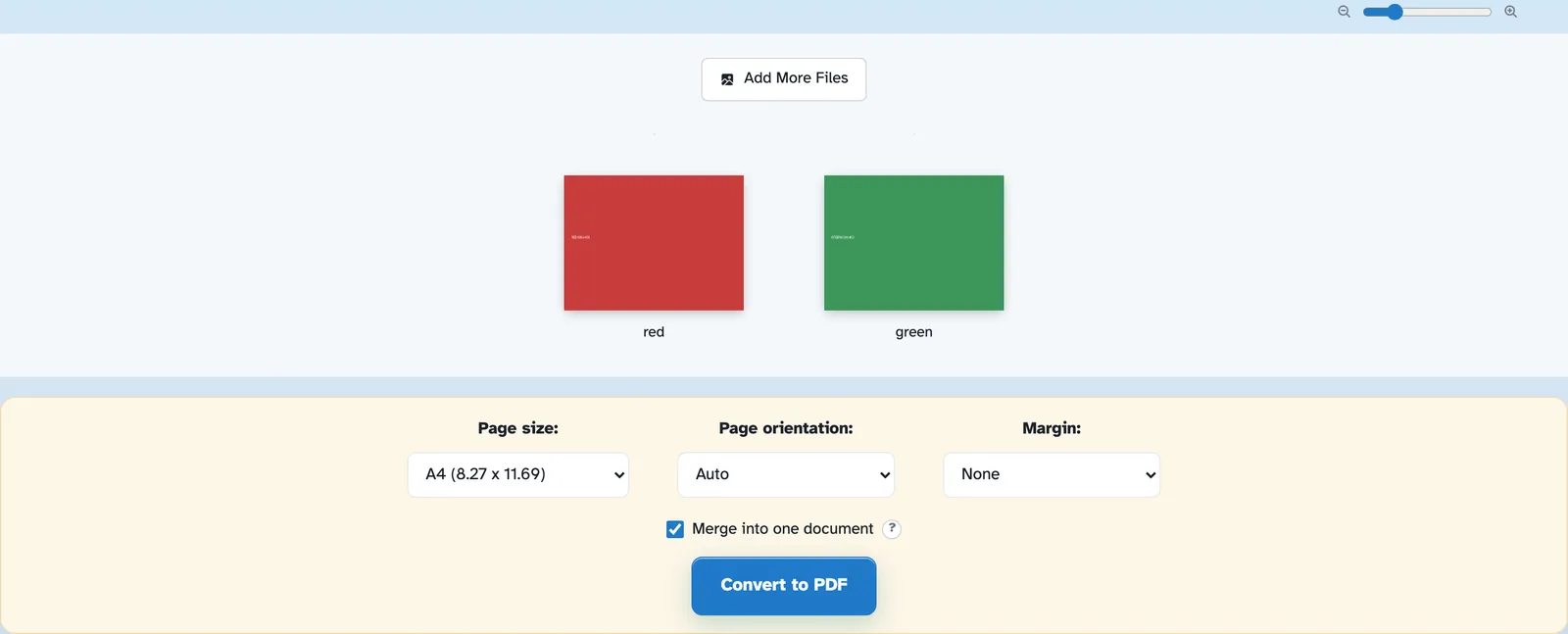 Ruang kerja JPG ke PDF menampung dua gambar, merah dan hijau blok 600x450, di atas ukuran halaman, potret/lanskap, pas
