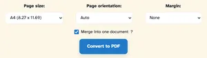 Dropdown Ukuran halaman A4, Orientasi halaman Otomatis, dan Tidak Ada Margin di atas kotak Gabung menjadi satu dokumen yang dicentang dan