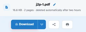 The ready page showing j2p-1.pdf — 16.8 KB · 2 pages · deleted automatically after two hours — above the Download button