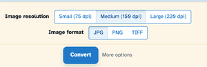 Image resolution with Small, Medium and Large selected above Image format with JPG, PNG and TIFF — and the Convert button below