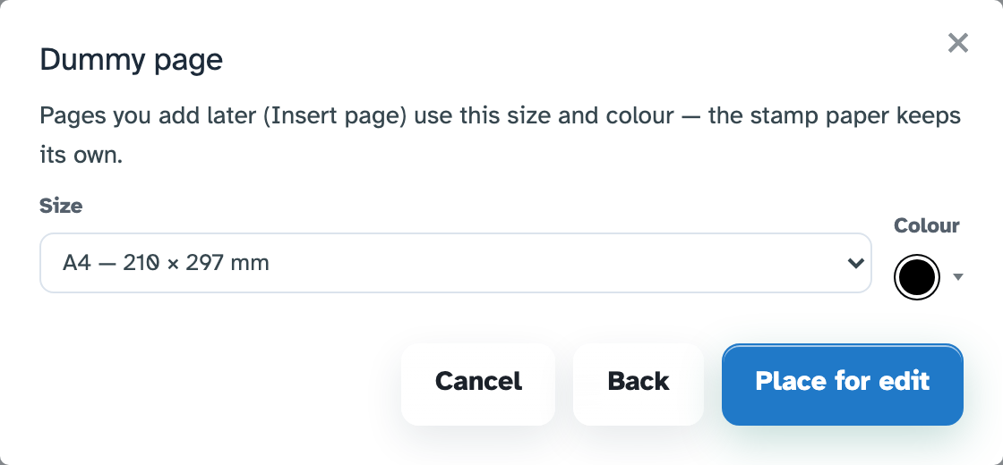 Dummy page settings with A4 size and a colour swatch