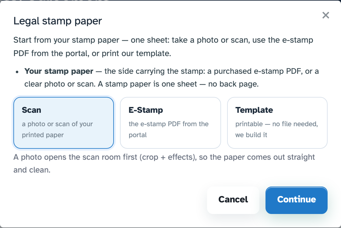 Legal stamp paper wizard in the PDF editor with Scan, E-Stamp and Template source choices