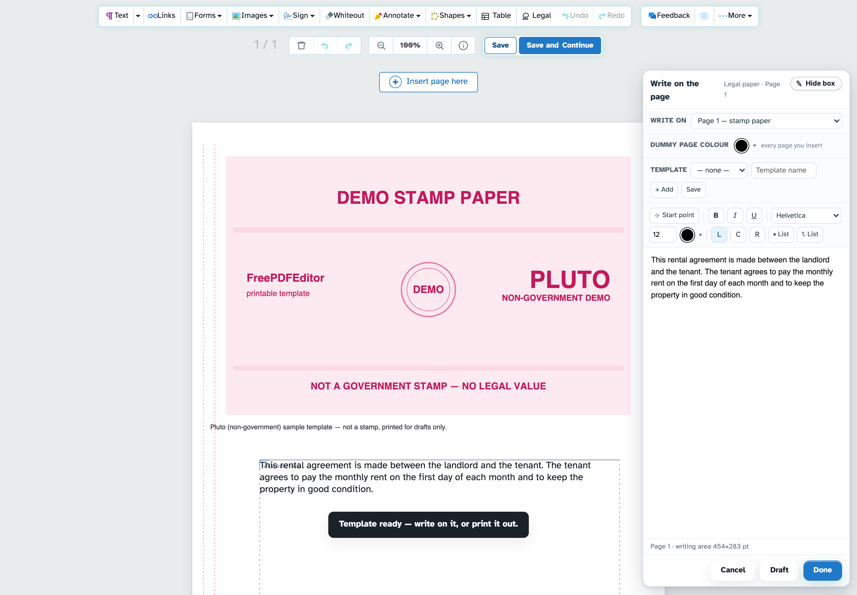 The Legal writing box beside a stamp paper page, with formatting controls, templates and live text preview