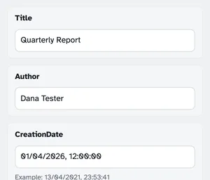 ด้านบนของตัวแก้ไขข้อมูลเมตา: ชื่อเรื่อง “รายงานรายไตรมาส” ผู้แต่ง “Dana Tester” และ CreationDate “01/04/2026