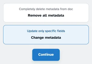 Las dos opciones de metadatos: Eliminar todos los metadatos – “Eliminar completamente los metadatos del documento” – y Cambiar metadatos – “Actualizar
