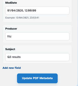 The bottom of the editor: Producer “fitz”, Subject “Q3 results”, the Add new field link and the Update PDF Metadata button
