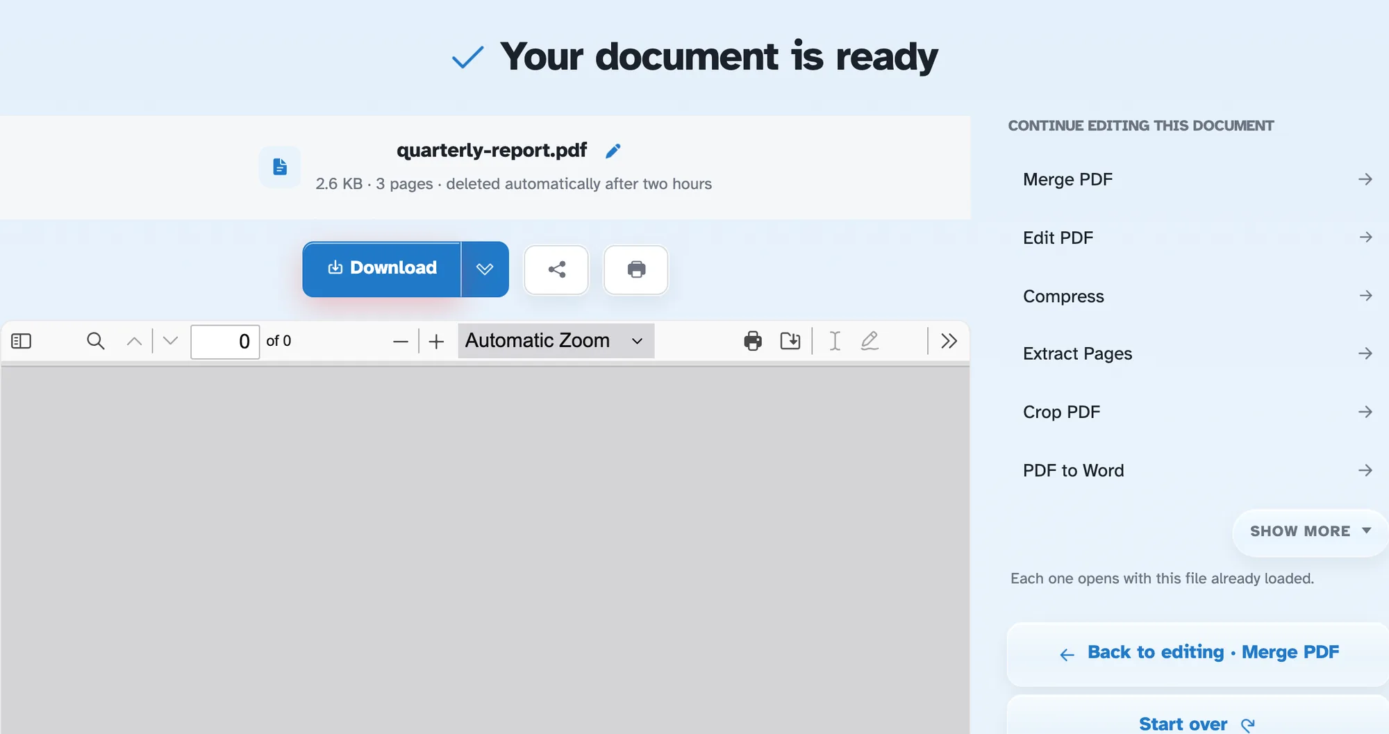 The ready page after merging: quarterly-report.pdf, 1.6 KB, 2 pages, deleted automatically after two hours, above the