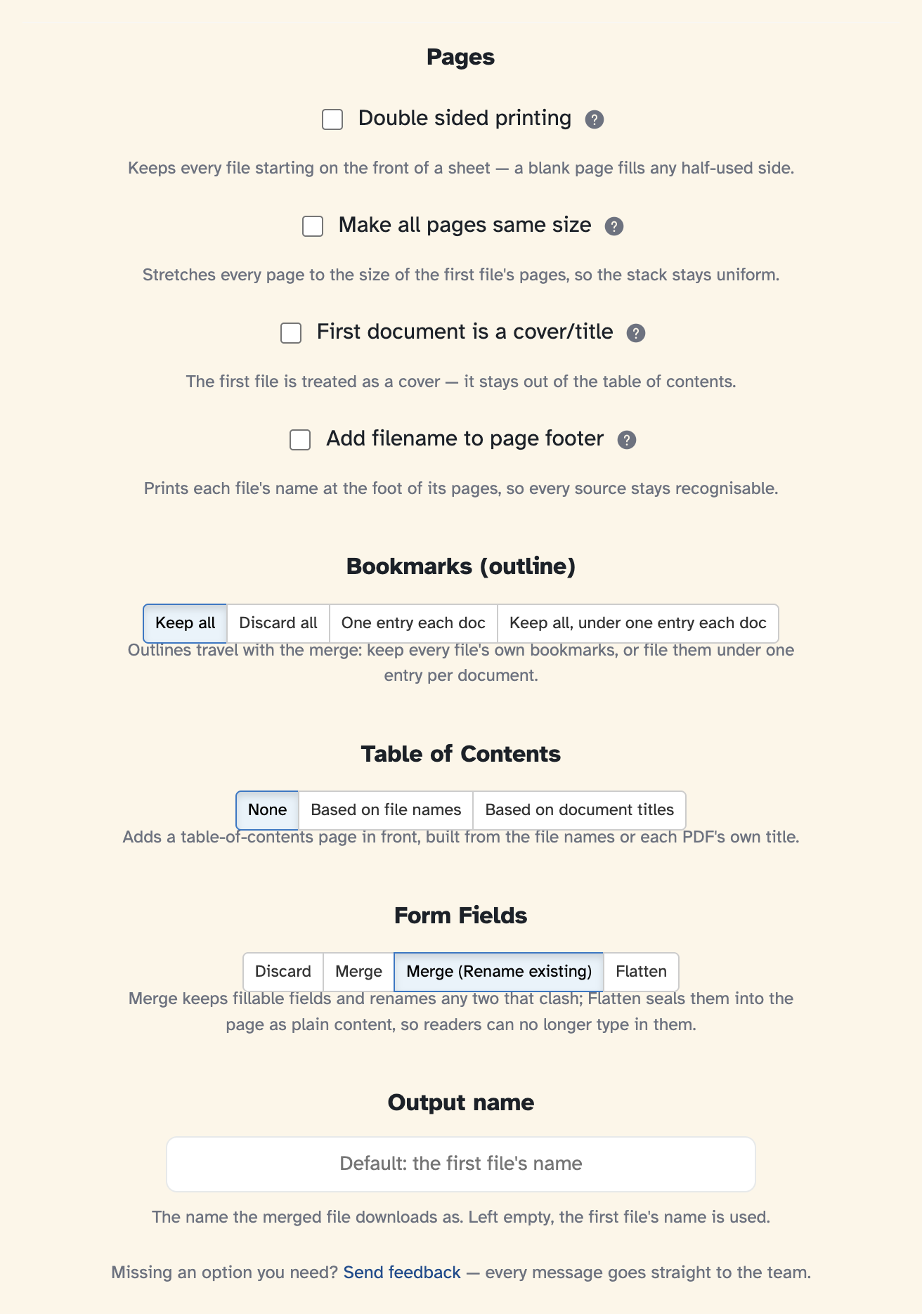 More options: Pages checkboxes, Bookmarks, Table of Contents, Form Fields and Output name — each with a one-line explanation — and a Send feedback line at the end