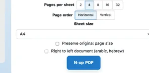A coluna de opções N-up: Páginas por folha com 4 selecionadas, Ordem das páginas definida como Horizontal, o menu suspenso Tamanho da folha mostrando