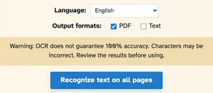 Idioma inglés, formatos de salida PDF marcados, la advertencia de precisión y el botón Reconocer texto en todas las páginas