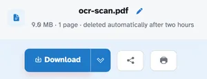 The ready page showing ocr-scan.pdf — 9.0 MB · 1 page · deleted automatically after two hours — above the Download