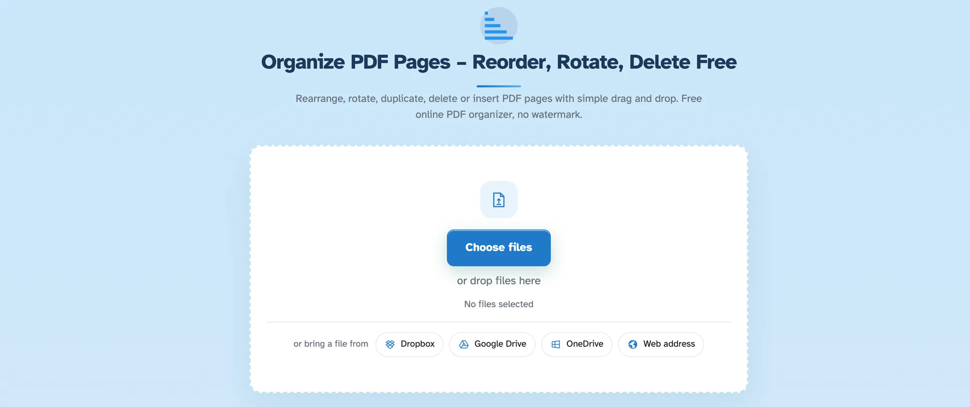 Οργάνωση της αρχικής οθόνης PDF: τίτλος και περιγραφή πάνω από μια διακεκομμένη ζώνη πτώσης με Επιλογή αρχείων και πηγών cloud