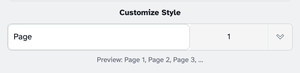 The Customize Style composer: the text box holding “Page”, the grey number chip and its caret, and the preview line “Preview: Page 1, Page 2, Page 3, …”