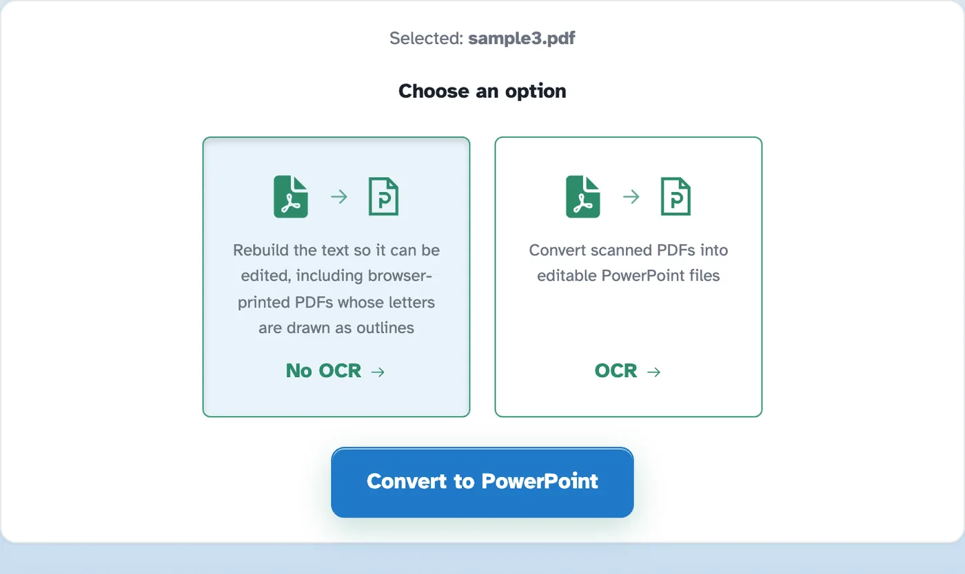 Selectorul PDF în PowerPoint cu două carduri, Păstrați fidelitatea aspectului și OCR pentru fișierele scanate, deasupra Conversiei în