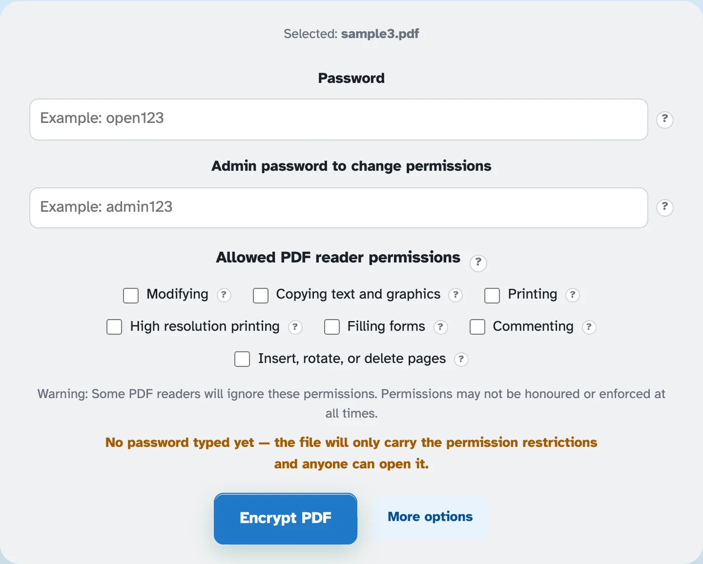 The encrypt panel for quarterly-report.pdf: a password field with a show toggle, the Admin password to change