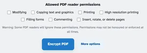 Các quyền được phép của trình đọc PDF — bảy hộp kiểm chưa được đánh dấu từ Sửa đổi đến Chèn, xoay hoặc xóa trang — phía trên