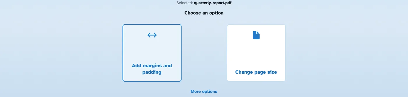 The resize chooser for quarterly-report.pdf with two cards, Add margins and padding and Change page size, plus the More