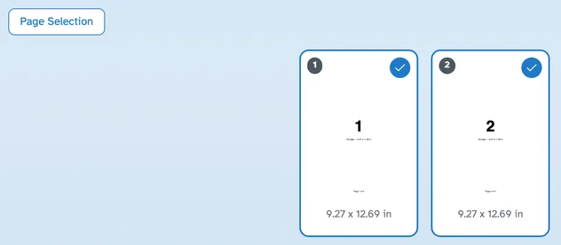 Tlačítko Výběr stránky nad dvěma vybranými miniaturami stránek, z nichž každá zobrazuje svou novou velikost – 9,27 x 12,69 palce – pod