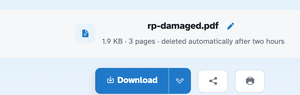 The ready page showing rp-damaged.pdf — 1.9 KB · 3 pages · deleted automatically after two hours — above the Download button