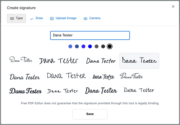 The Create signature dialog: Type, Draw, Upload Image and Camera tabs, the typed name above a row of ink colours and twelve handwriting styles, and the Save button