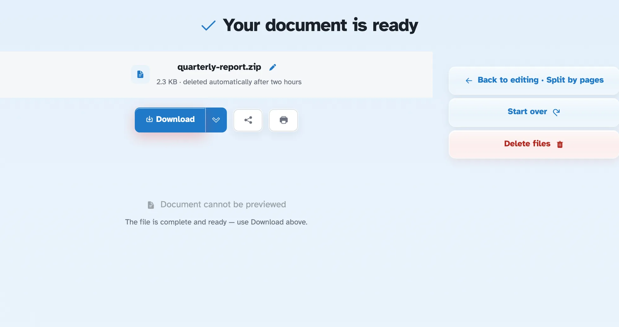 A página pronta após a divisão, com o nome do arquivo finalizado, seu tamanho e contagem de páginas e o botão azul Download