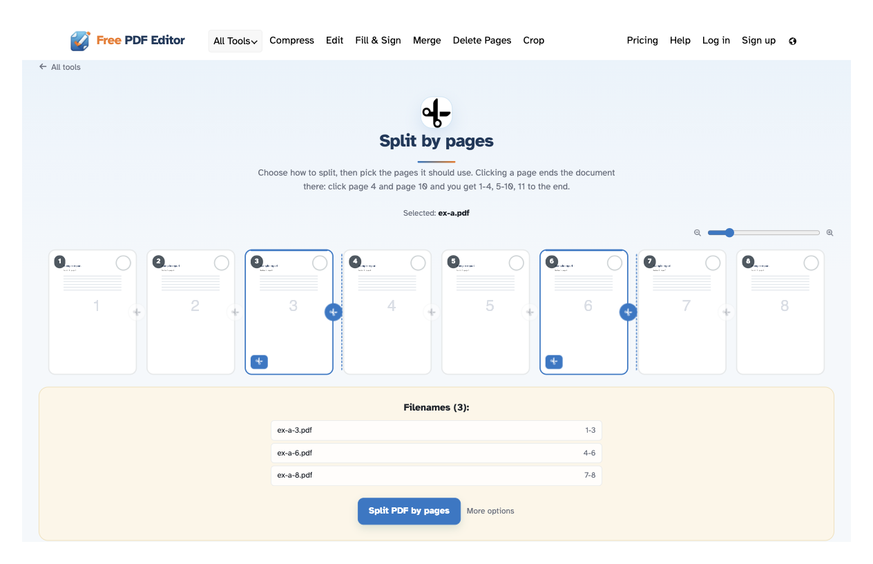 The Split by pages workspace on desktop: eight thumbnails where pages 3 and 6 carry the blue cut mark, above the Filenames panel listing three parts — ex-a-3.pdf 1-3, ex-a-6.pdf 4-6, ex-a-8.pdf 7-8 — and the Split PDF by pages button