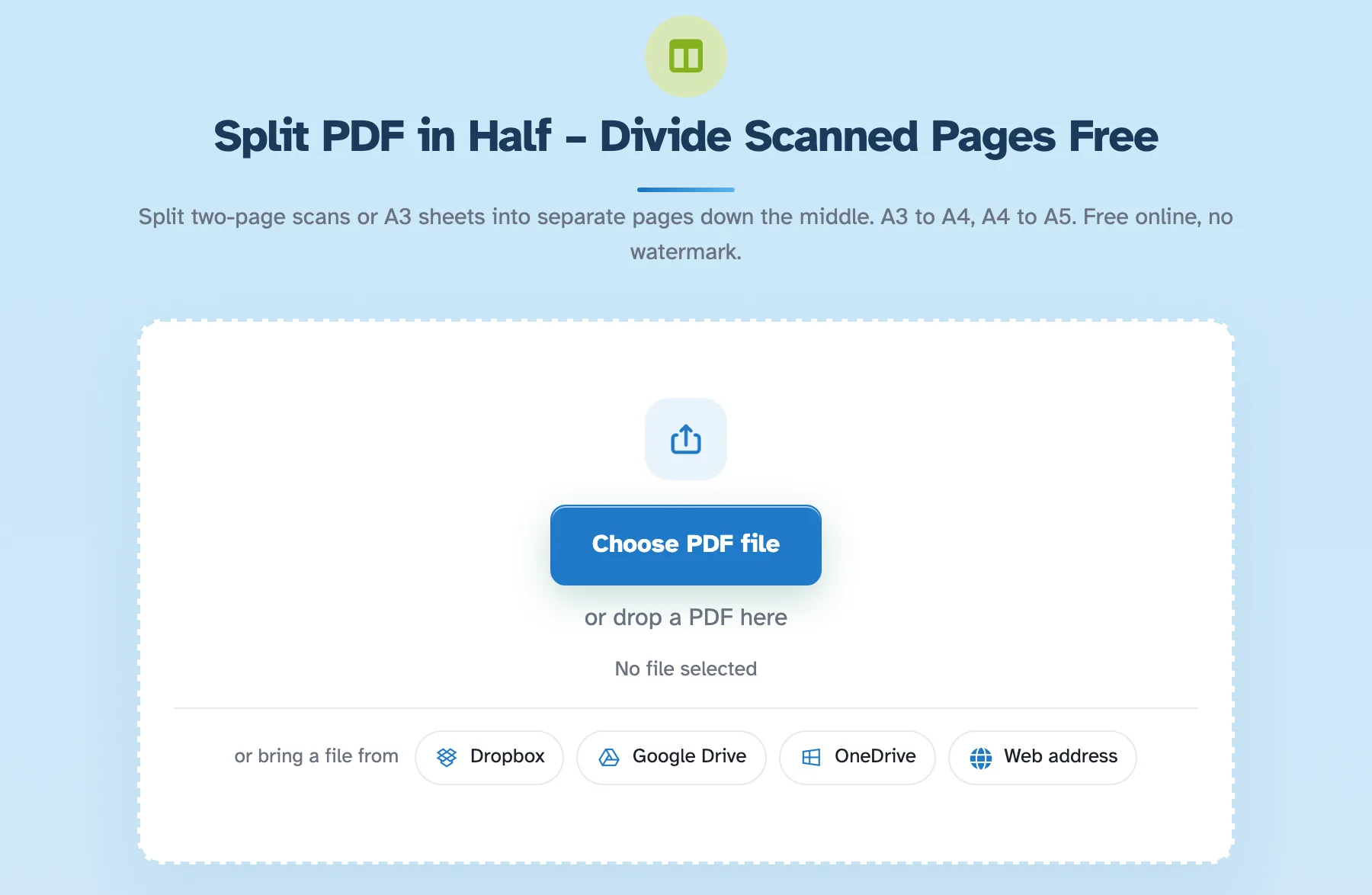 شاشة البداية مقسمة إلى نصفين: العنوان والوصف أعلى منطقة إسقاط متقطعة مع اختيار ملف PDF ومصادر سحابية