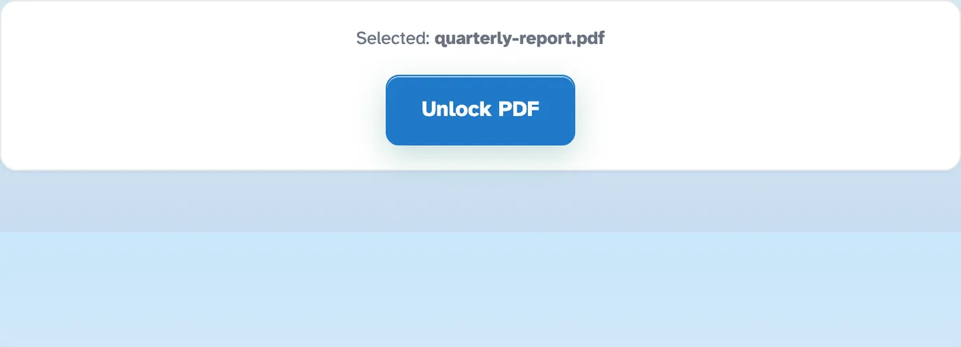 The unlock screen with quarterly-report.pdf selected and the Unlock PDF button under the page title, above the privacy