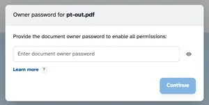 The Owner password for pt-out.pdf card — Provide the document owner password to enable all permissions — with the
