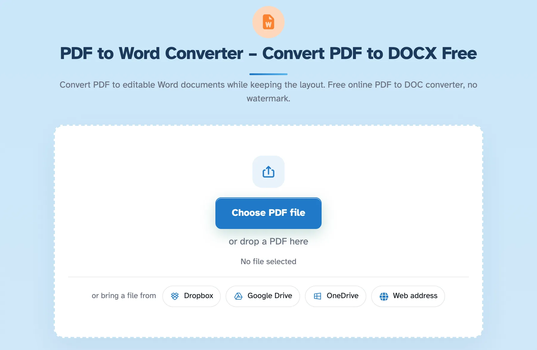 Úvodní obrazovka PDF do Wordu: název a popis nad přerušovanou zónou s výběrem souborů PDF a cloudových zdrojů