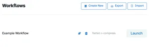 Workflows-manageren — Opret ny, eksporter og importer-knapper over eksempel-workflow-rækken med flad > komprimer og