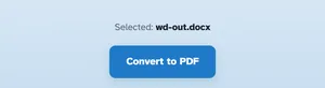 Selected: wd-out.docx above the blue Convert to PDF button